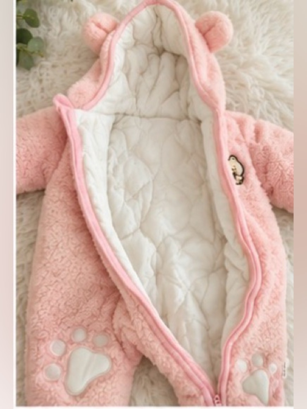 NWOT Pink Sherpa Baby Bear Hooded Snowsuit 0-3M Footed Bunting Cozy Winter - Picture 4 of 13